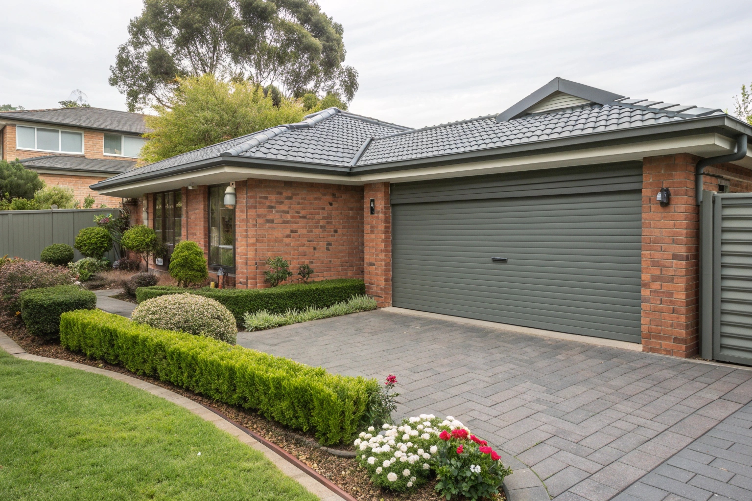 Well-maintained Colorbond garage door in Woodland Grey on a renovated brick home, neat front garden, suburban Australian neighbourhood