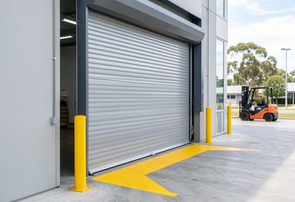 high-speed industrial roller door on a commercial warehouse loading dock in an Australian business park setting