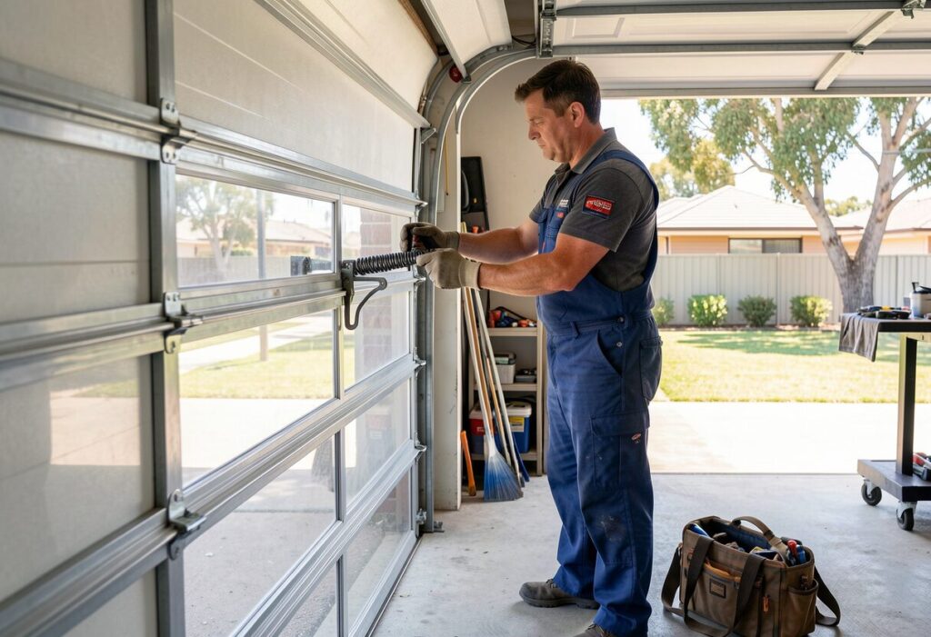 tradesperson in work uniform inspecting the spring mechanism of a sectional panel garage door